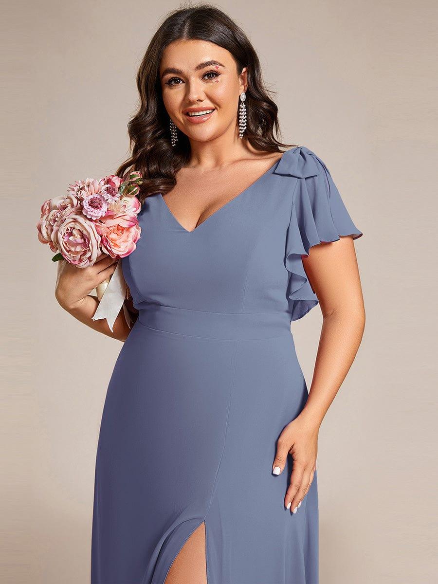 Short Sleeves with Bowknot High Front Slit A-Line Chiffon Bridesmaid Dress #color_Dusty Blue