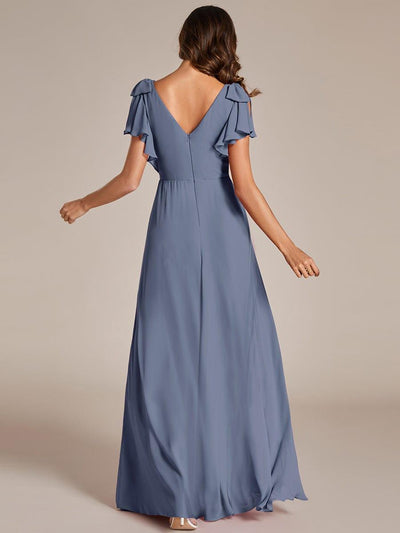 Short Sleeves with Bowknot High Front Slit A-Line Chiffon Bridesmaid Dress #color_Dusty Blue