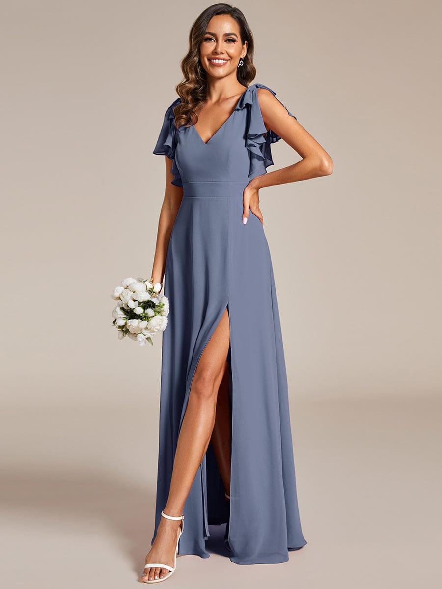 Short Sleeves with Bowknot High Front Slit A-Line Chiffon Bridesmaid Dress #color_Dusty Blue