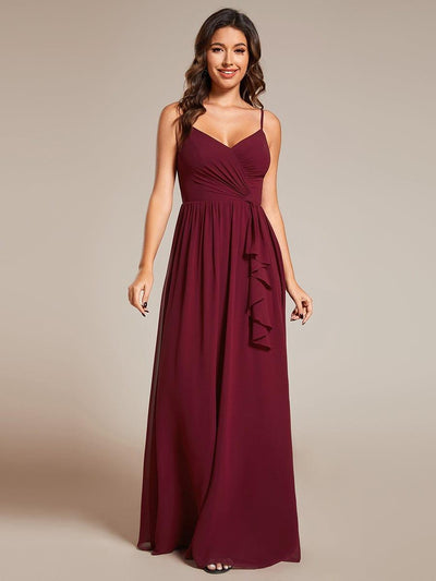 Maxi Sleeveless Pleated Chiffon Bridesmaid Dress with Lotus Leaf #color_Burgundy
