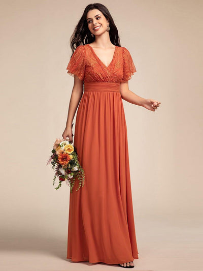 Flutter Sleeve Pleated Lace Bodice V-Neck Maxi Bridesmaid Dress #color_Burnt Orange