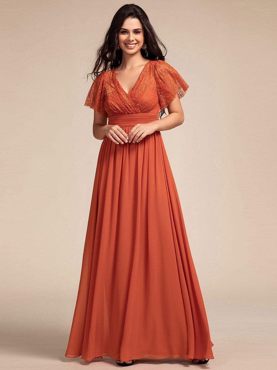 Lace Bodice Flutter Sleeve Pleated A-Line Maxi Bridesmaid Dress