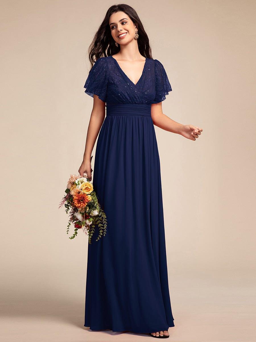 Lace Bodice Flutter Sleeve Pleated A-Line Maxi Bridesmaid Dress