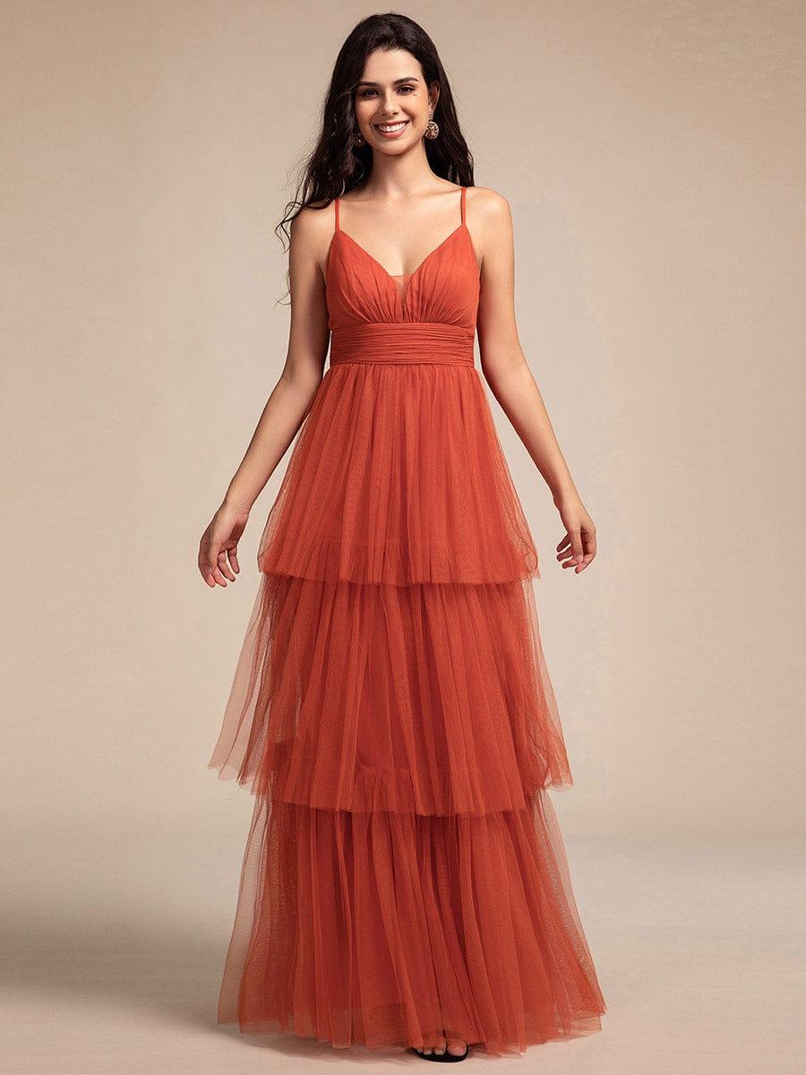 Spaghetti Strap Tiered Tulle V-Neck Maxi Bridesmaid Dress