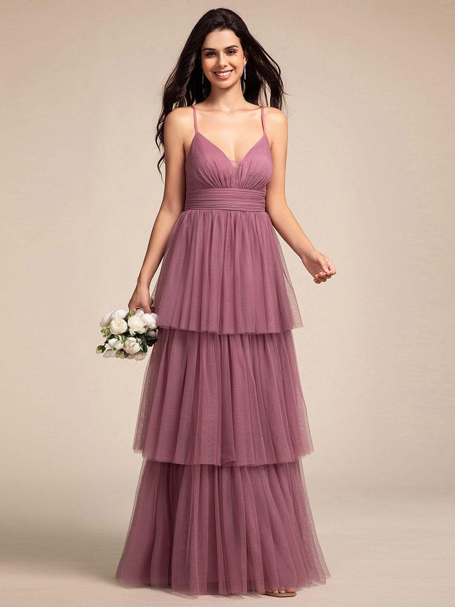 Spaghetti Strap Tiered Tulle V-Neck Maxi Bridesmaid Dress