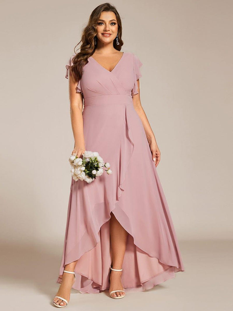 Plus Size Ruffled Chiffon High-Low Bridesmaid Dress with Backless