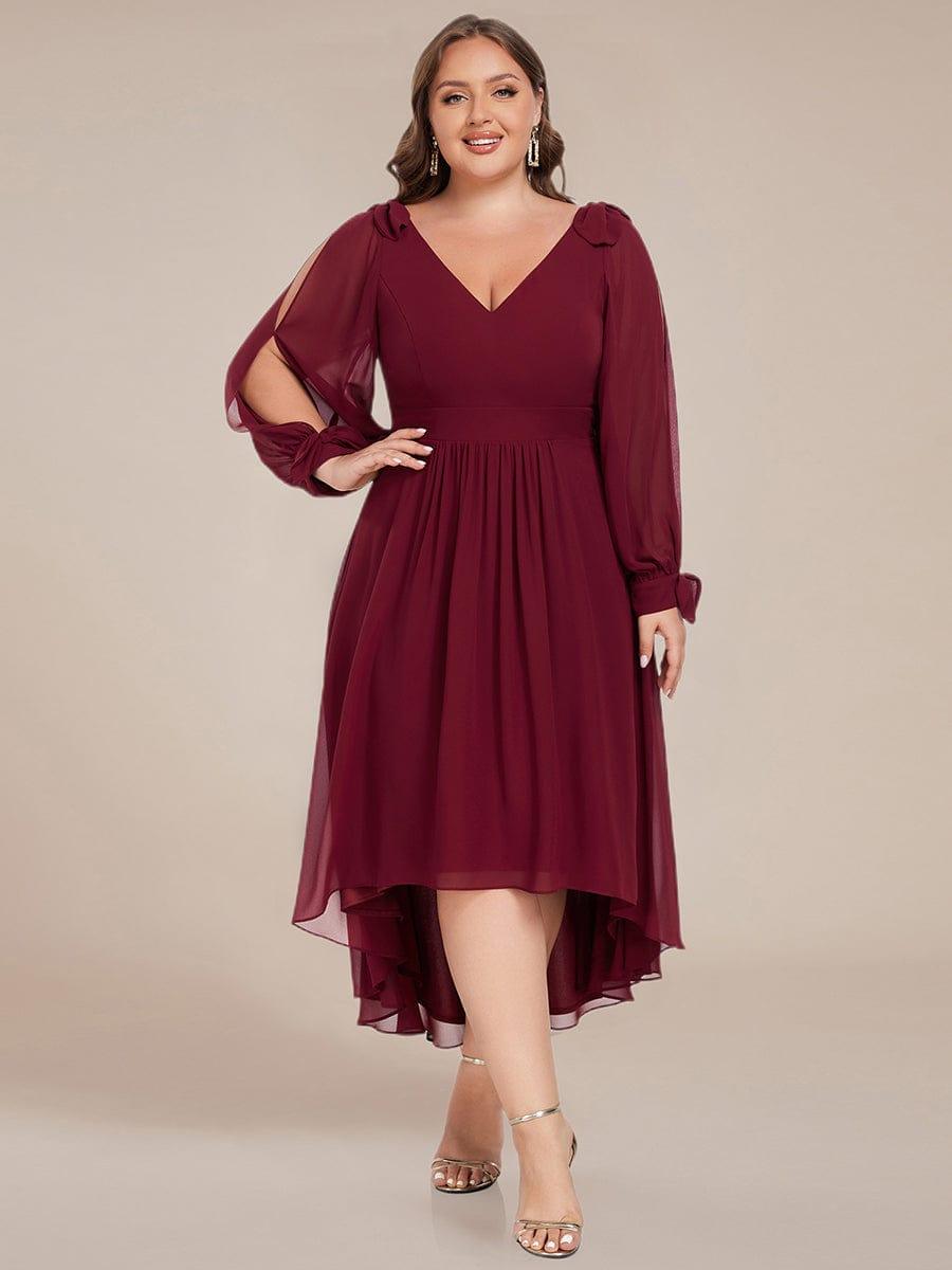 asymmetrical hem bridesmaid dress Elegant Long Sleeve V-Neck Chiffon with Purple