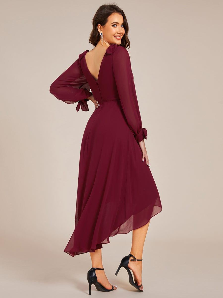 Elegant Long Sleeve V-Neck Chiffon Bridesmaid Dress with Asymmetrical Hem