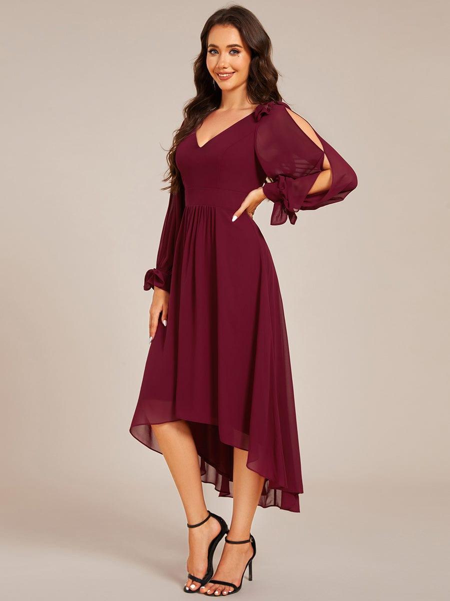Elegant Long Sleeve V-Neck Chiffon Bridesmaid Dress with Asymmetrical Hem