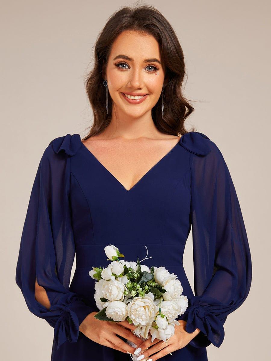 Elegant Long Sleeve V-Neck Chiffon Bridesmaid Dress with Asymmetrical Hem