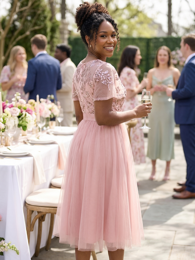 ever MARA|Embellished Tulle Midi Junior Bridesmaid Dress with Sheer Sleeves Fan Photos 3
