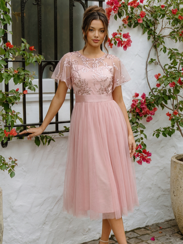 Round Neck Tulle Midi Bridesmaid Dress with Satin Waist