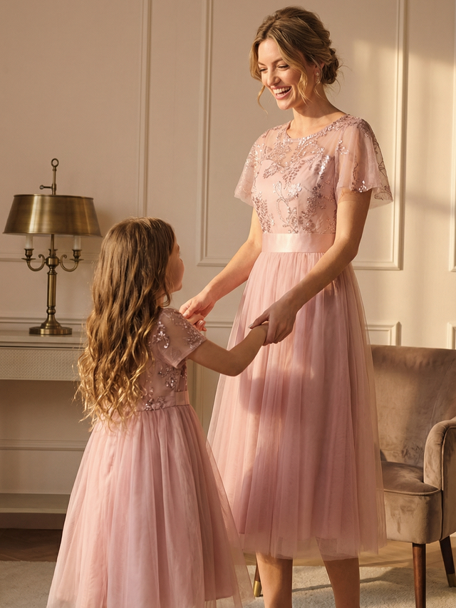 ever MARA|Embellished Tulle Midi Junior Bridesmaid Dress with Sheer Sleeves Fan Photos 2
