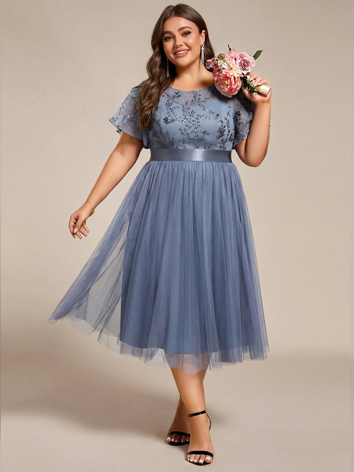 Plus Size Tulle Midi Tulle Bridesmaid Dress with Round Neckline