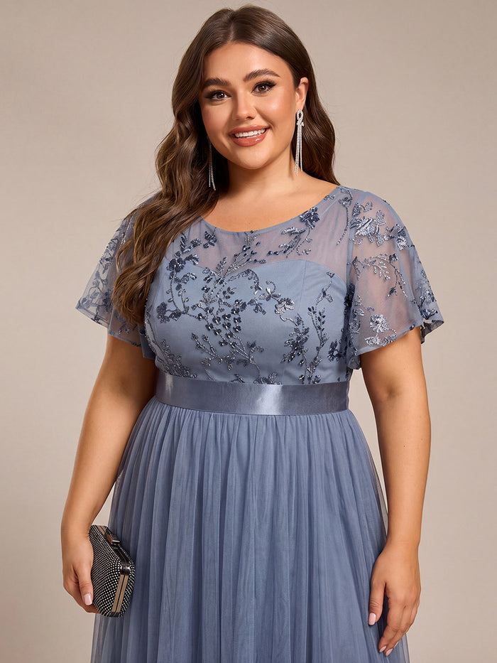 Plus Size Tulle Midi Tulle Bridesmaid Dress with Round Neckline