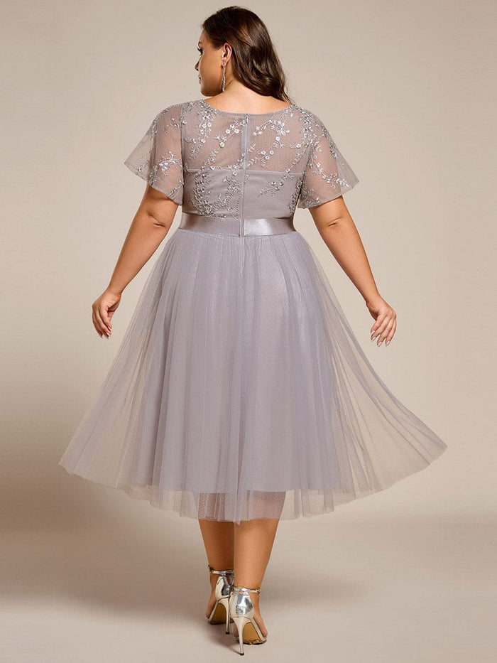 Plus Size Tulle Midi Tulle Bridesmaid Dress with Round Neckline