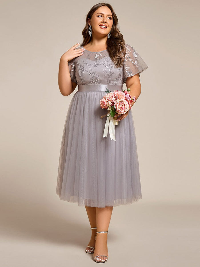 Plus Size Tulle Midi Tulle Bridesmaid Dress with Round Neckline