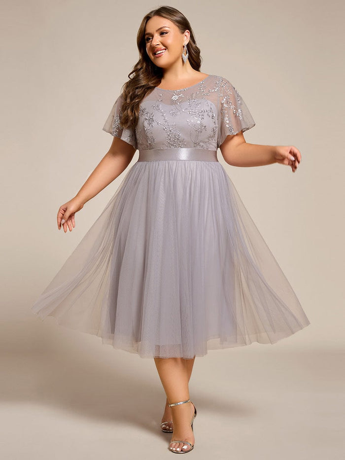 Plus Size Tulle Midi Tulle Bridesmaid Dress with Round Neckline