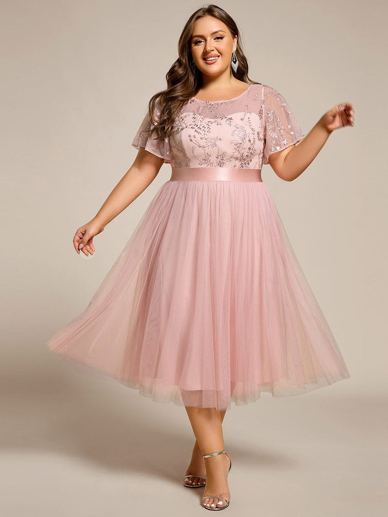 Plus Size Tulle Midi Tulle Bridesmaid Dress with Round Neckline
