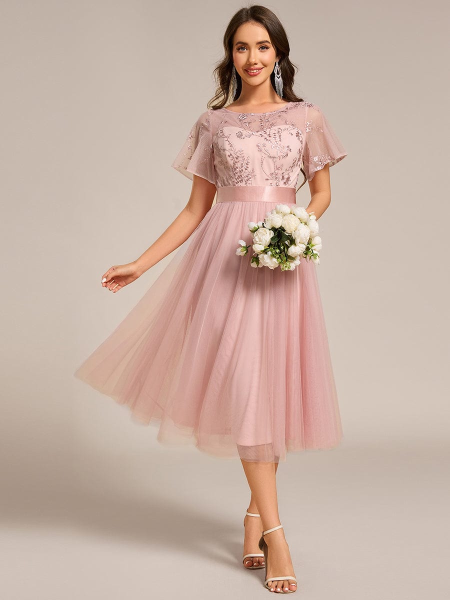 Ever-Pretty Round Neck Tulle Midi Cocktail Dress with Satin Waist and Sheer Sleeves Ever-Pretty Round Neck Tulle Midi Cocktail Dress with Satin Waist and Sheer Sleeves