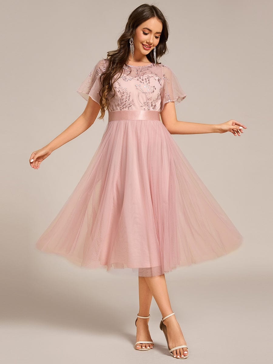 Ever-Pretty Round Neck Tulle Midi Cocktail Dress with Satin Waist and Sheer Sleeves Ever-Pretty Round Neck Tulle Midi Cocktail Dress with Satin Waist and Sheer Sleeves