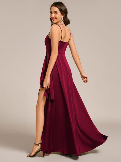 Wrap-Style Spaghetti Strap Maxi Satin Bridesmaid Dress #color_Burgundy