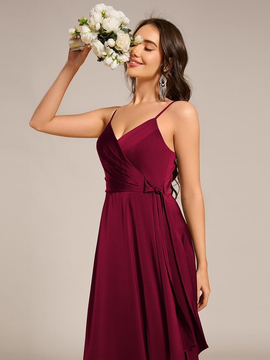 Wrap-Style Spaghetti Strap Maxi Satin Bridesmaid Dress #color_Burgundy