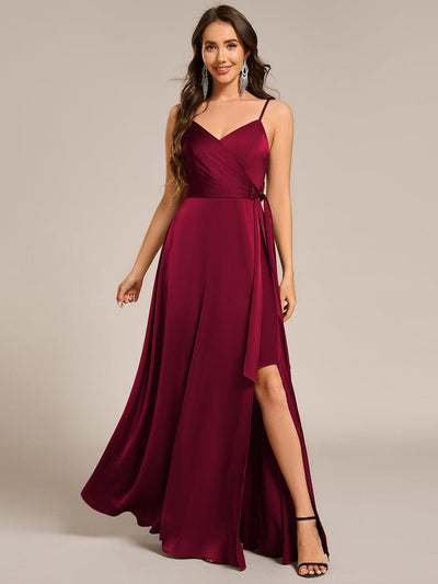 Wrap-Style Spaghetti Strap Maxi Satin Bridesmaid Dress #color_Burgundy