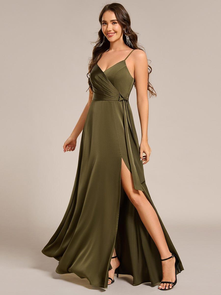 Wrap-Style Maxi Satin Bridesmaid Dress with Waist Tie