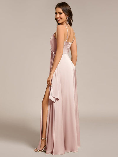 Wrap-Style Spaghetti Strap Maxi Satin Bridesmaid Dress #color_Pink