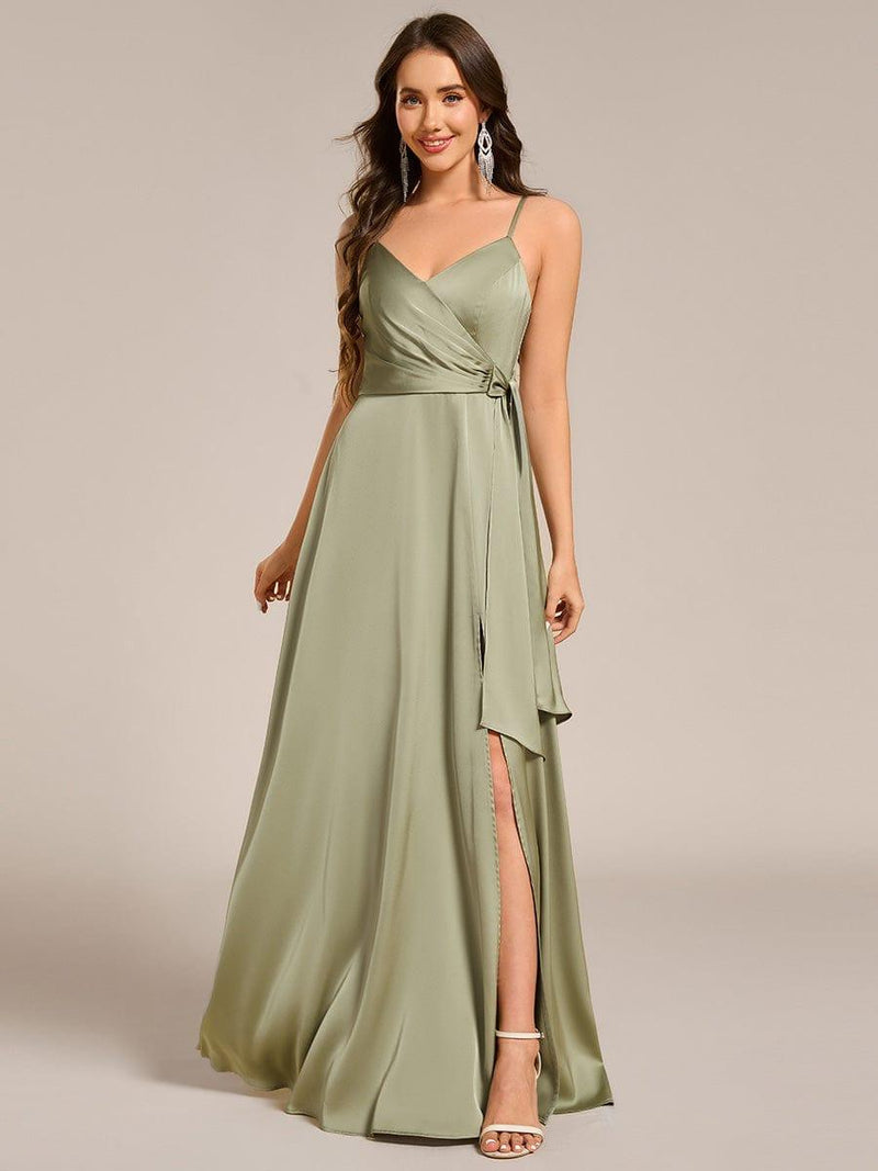 Wrap-Style Maxi Satin Bridesmaid Dress with Waist Tie