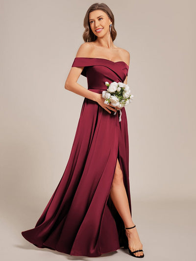 Off Shoulder Lace-Up High Slit Satin Bridesmaid Dress #color_Burgundy