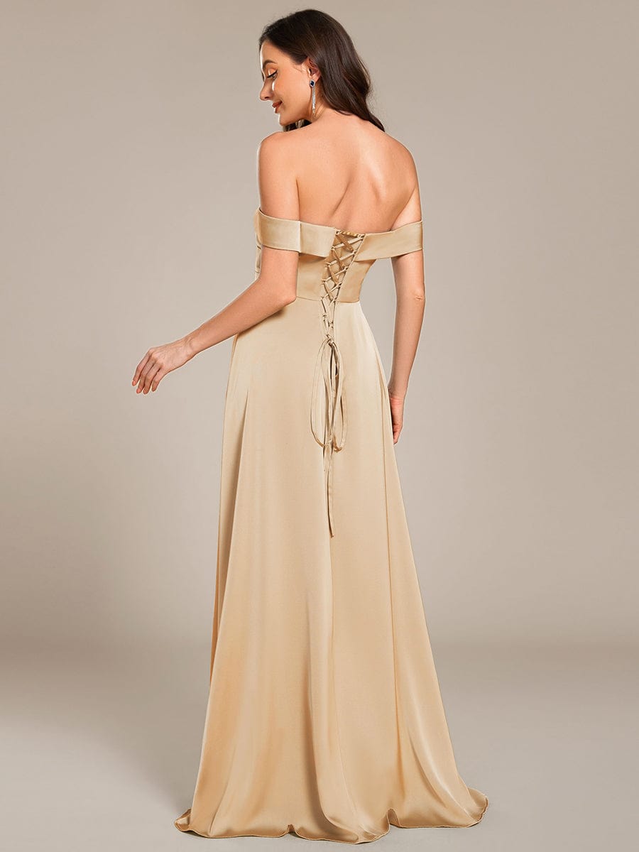Off Shoulder Lace-Up High Slit Satin Bridesmaid Dress #color_Champagne