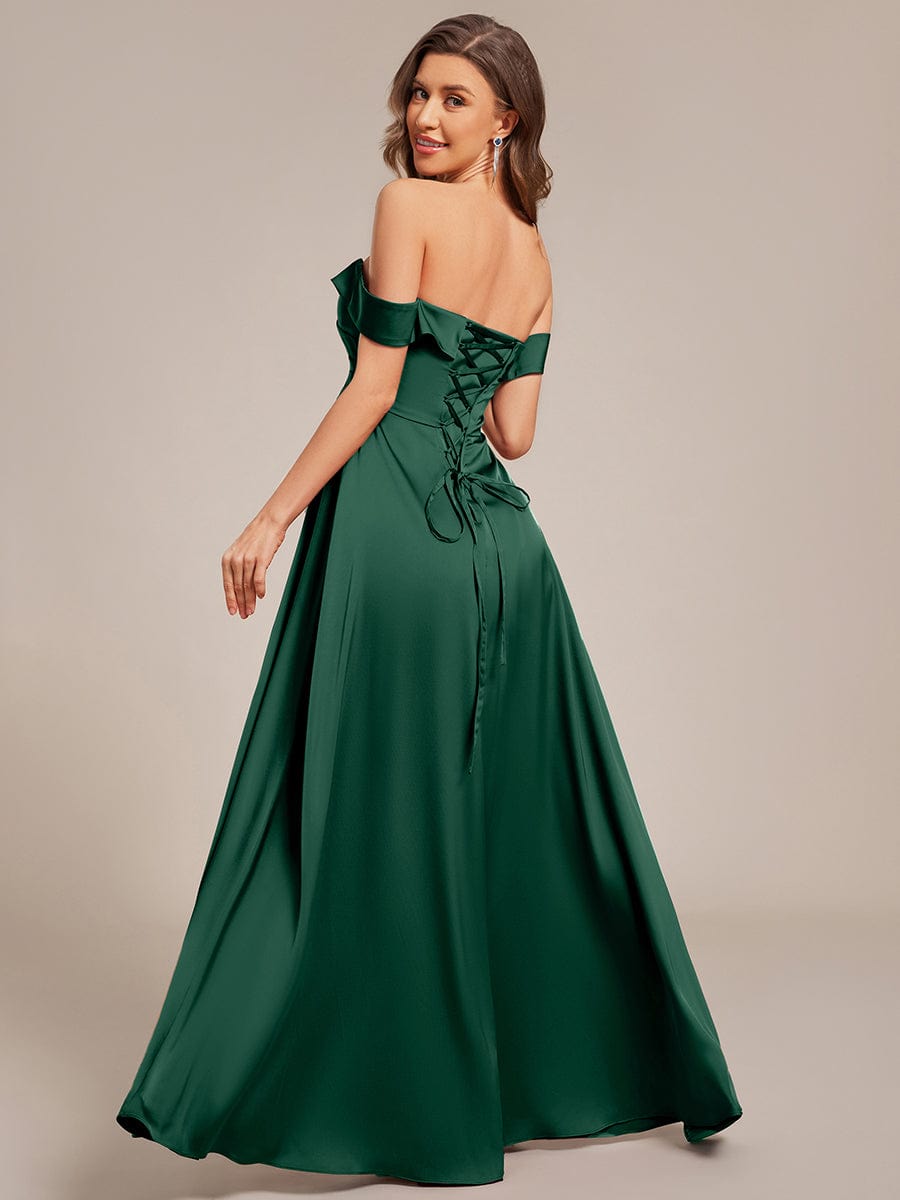 Off Shoulder Lace-Up High Slit Satin Bridesmaid Dress #color_Dark Green