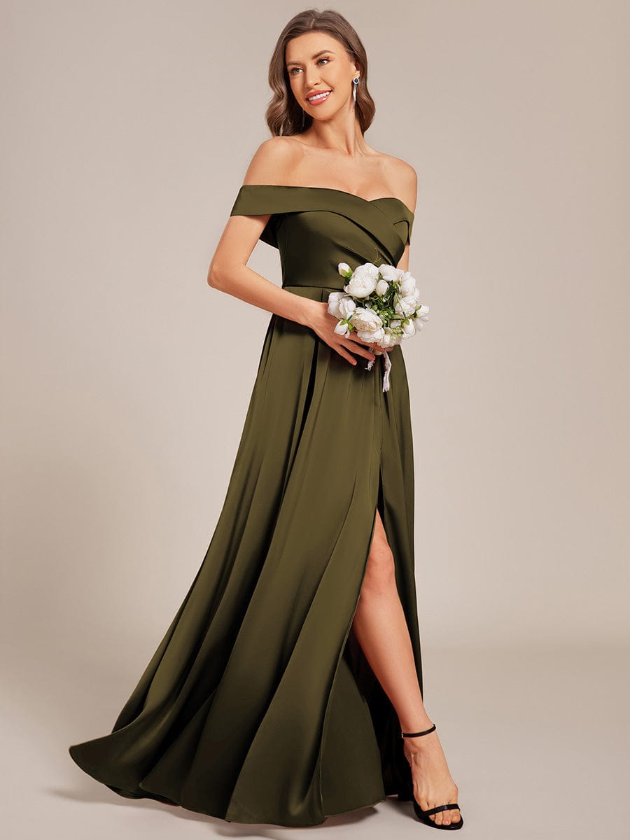 Off Shoulder Lace-Up High Slit Satin Bridesmaid Dress #color_Olive Green
