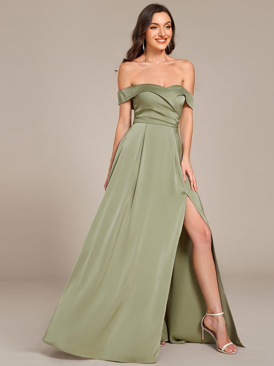 Off Shoulder Lace-Up High Slit Satin Bridesmaid Dress #color_Sage Green