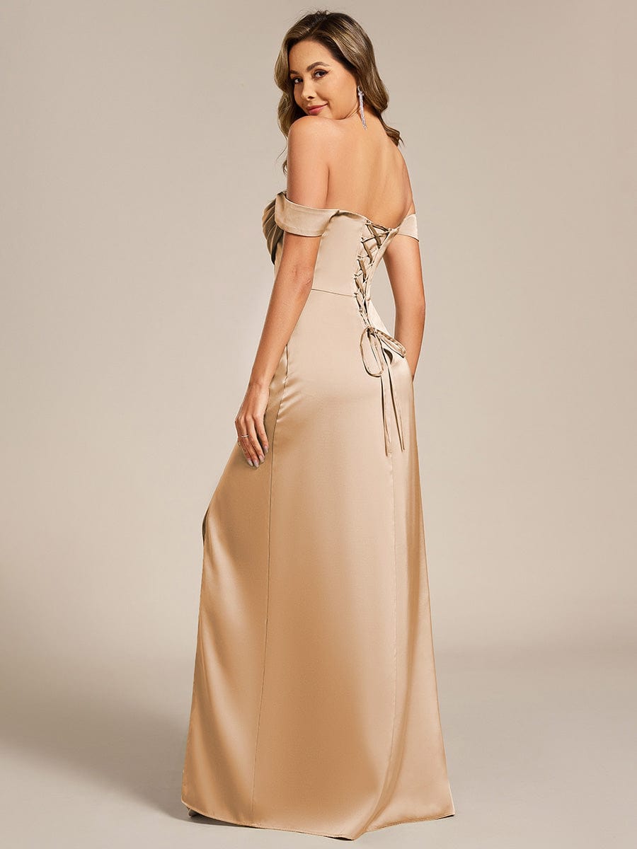 Off Shoulder Short Sleeve Split Bandage Floor-Length Bridesmaid Dresses #color_Champagne