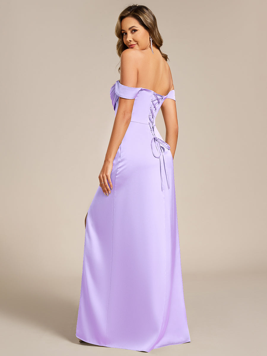 Off Shoulder Short Sleeve Split Bandage Floor-Length Bridesmaid Dresses #color_Frosted Lilac
