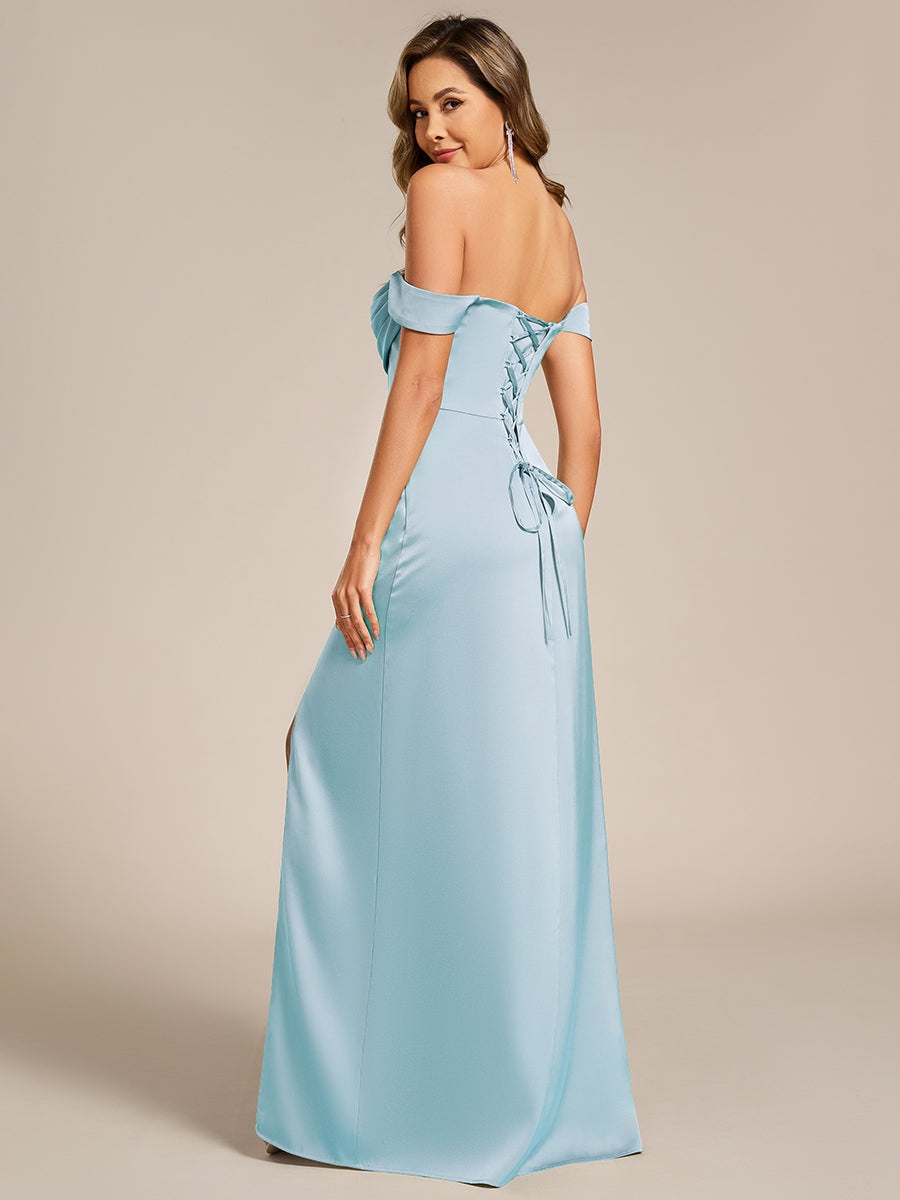 Off Shoulder Short Sleeve Split Bandage Floor-Length Bridesmaid Dresses #color_Ice Blue