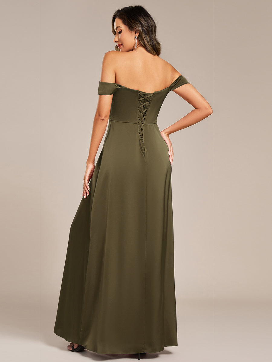 Off Shoulder Short Sleeve Split Bandage Floor-Length Bridesmaid Dresses #color_Olive Green