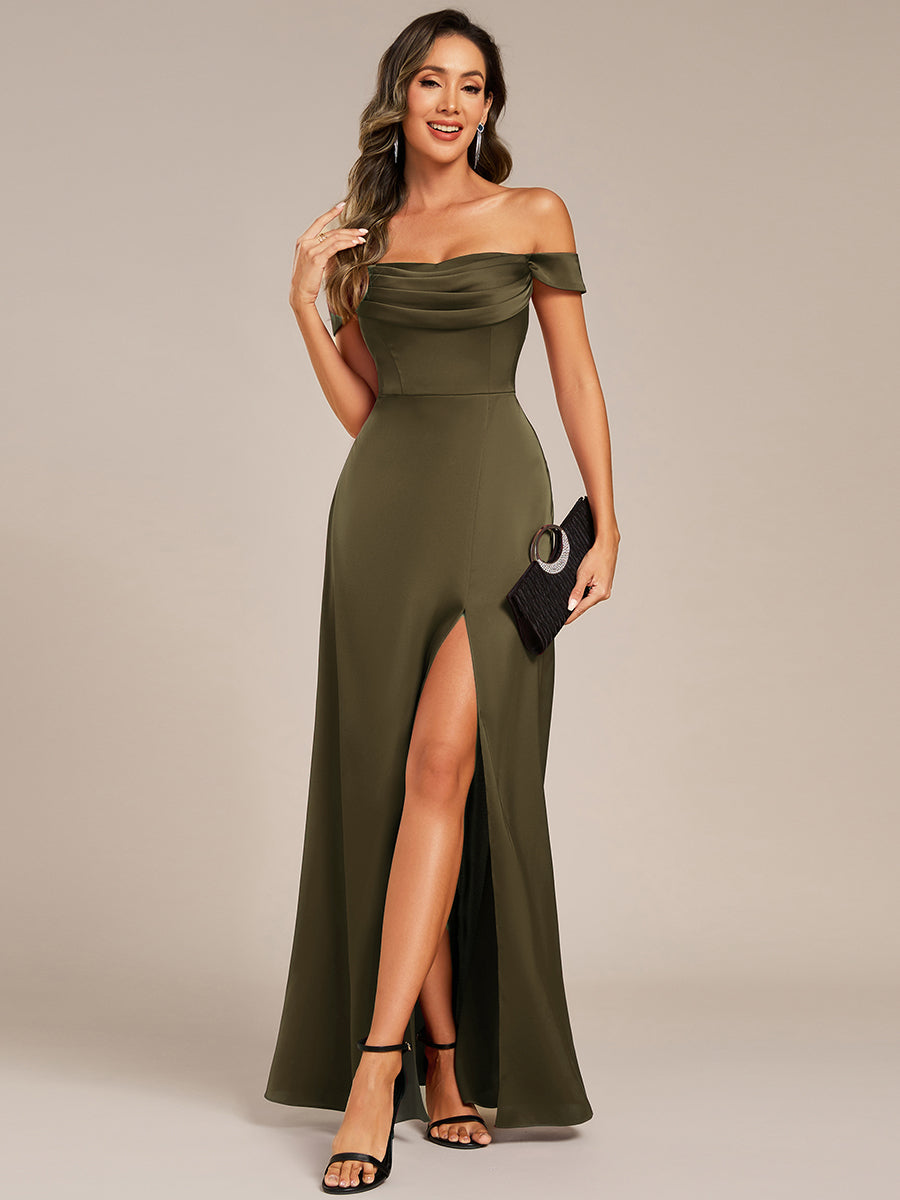 Off Shoulder Short Sleeve Split Bandage Floor-Length Bridesmaid Dresses #color_Olive Green