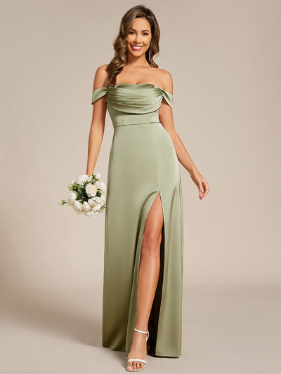 Off Shoulder Short Sleeve Split Bandage Floor-Length Bridesmaid Dresses #color_Sage Green