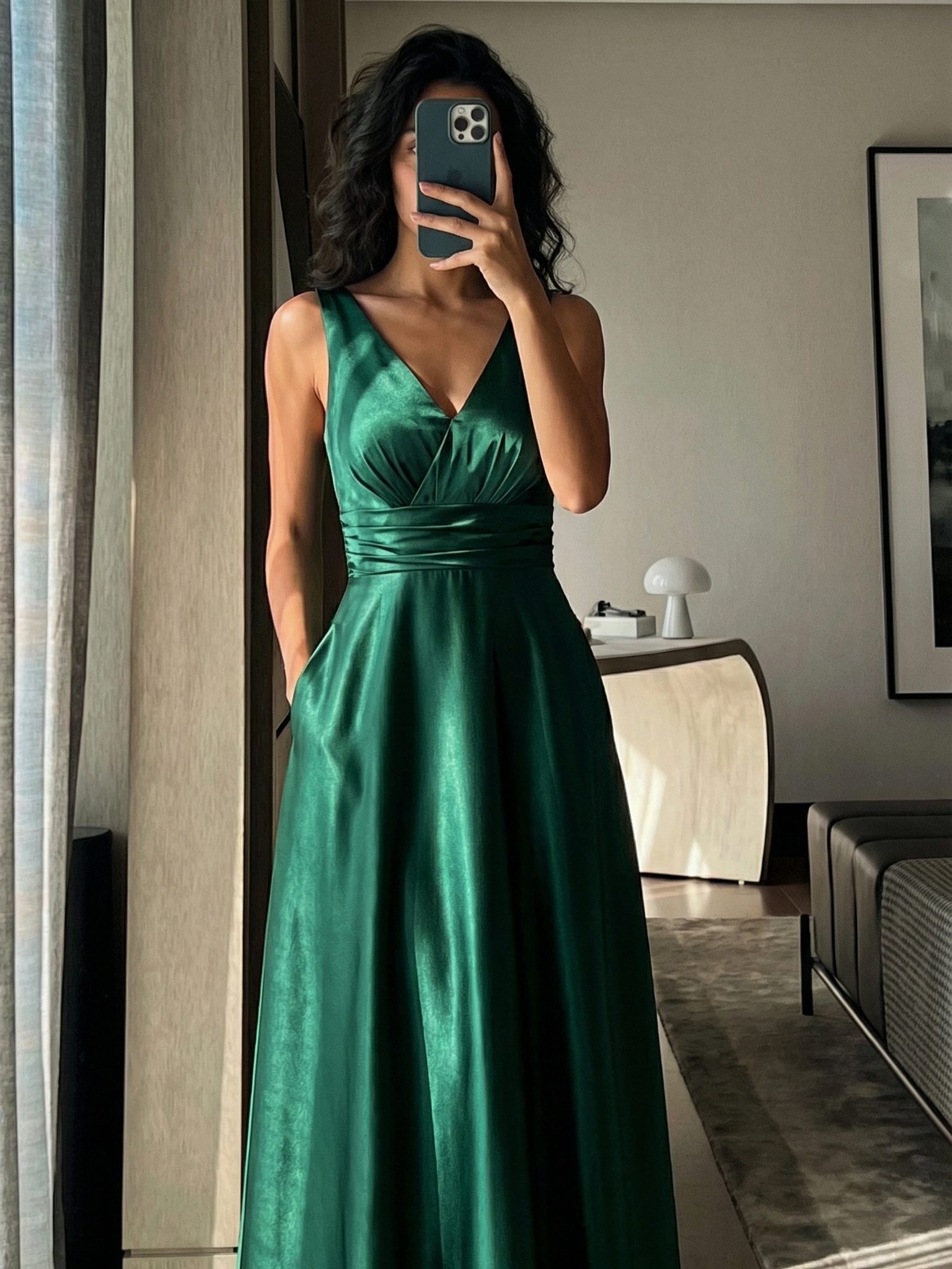 Double V-neck Satin Maxi Formal Dress with Pockets #color_Dark Green