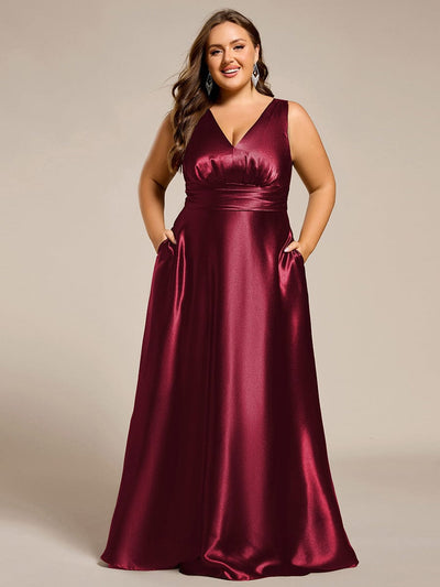 Plus Size Satin Maxi Formal Dress with Pockets #color_Burgundy