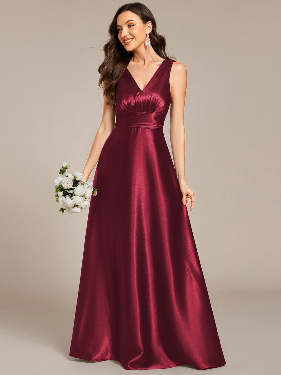 V-neck Empire Waist Satin Maxi Bridesmaid Dress with Pockets #color_Burgundy
