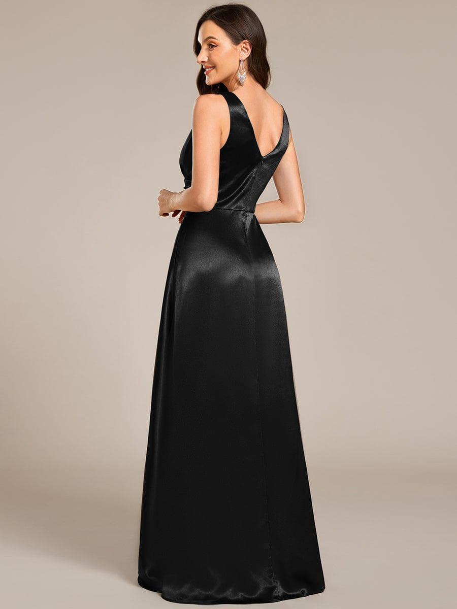 V-neck Empire Waist Satin Maxi Bridesmaid Dress with Pockets #color_Black