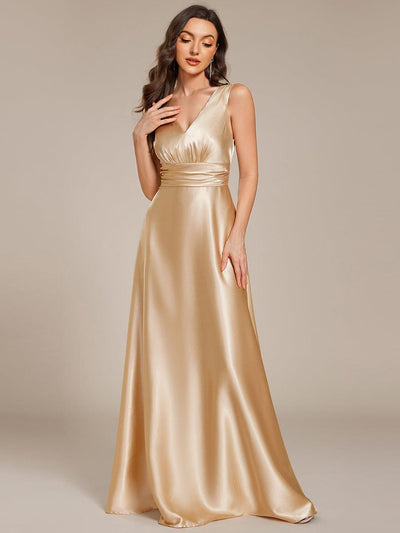 Double V-neck Satin Maxi Formal Dress with Pockets #color_Champagne