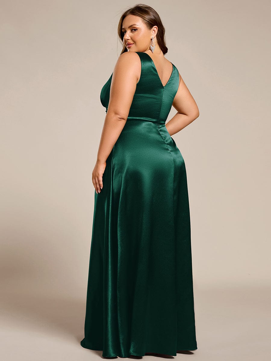 Double V-neck Satin Maxi Formal Dress with Pockets #color_Dark Green