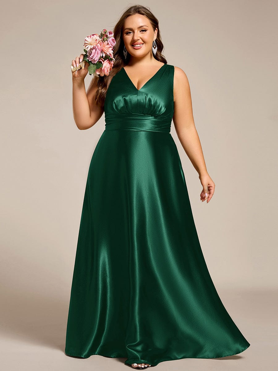 Plus Size Satin Empire Waist Maxi Bridesmaid Dress with Pockets #color_Dark Green