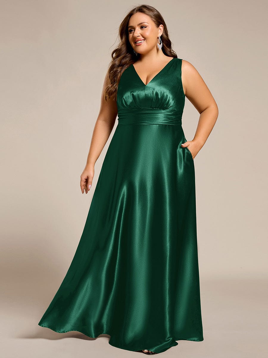 Plus Size Satin Empire Waist Maxi Bridesmaid Dress with Pockets #color_Dark Green
